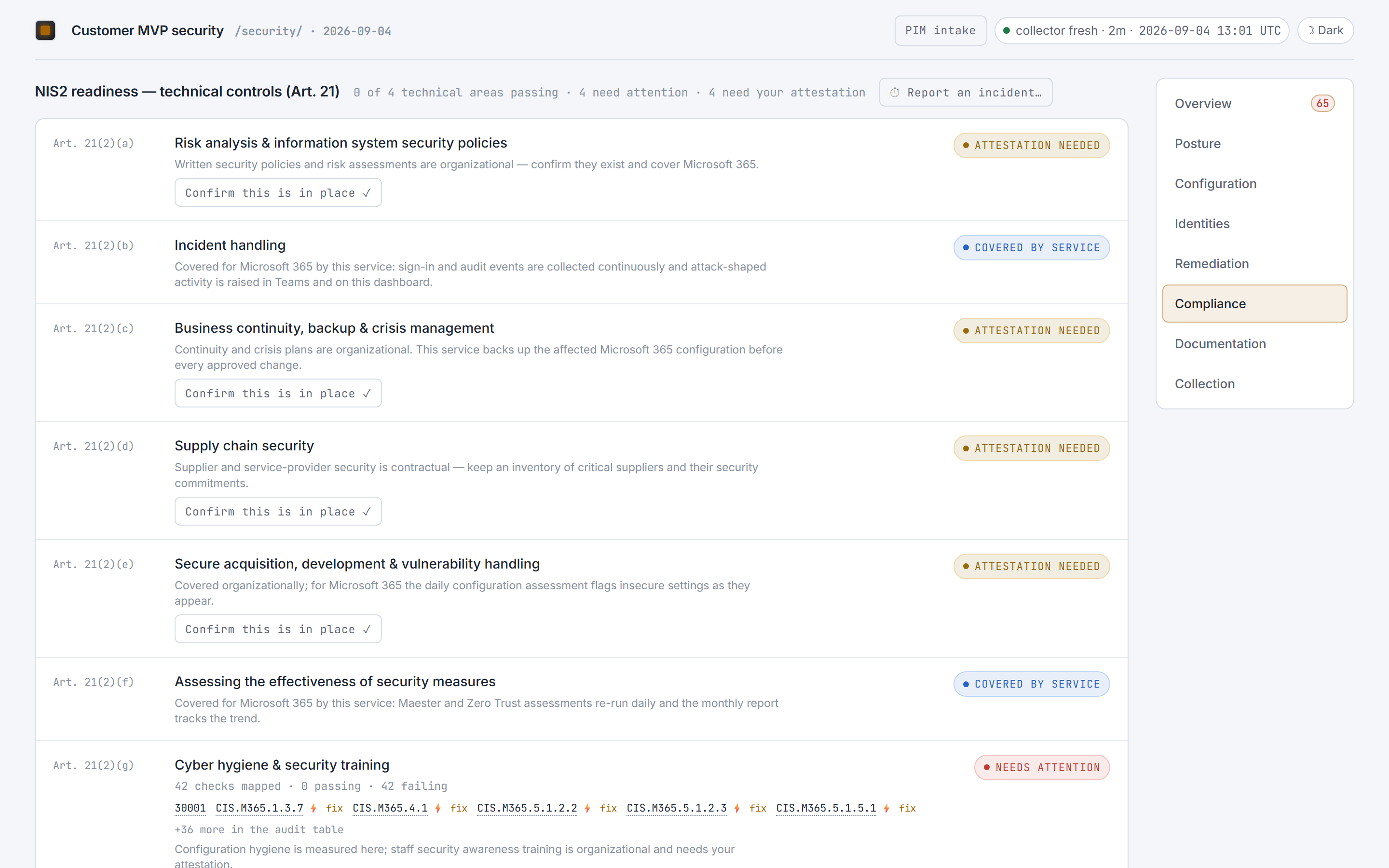 NIS2 readiness view: each technical requirement marked as covered by the service or awaiting your confirmation