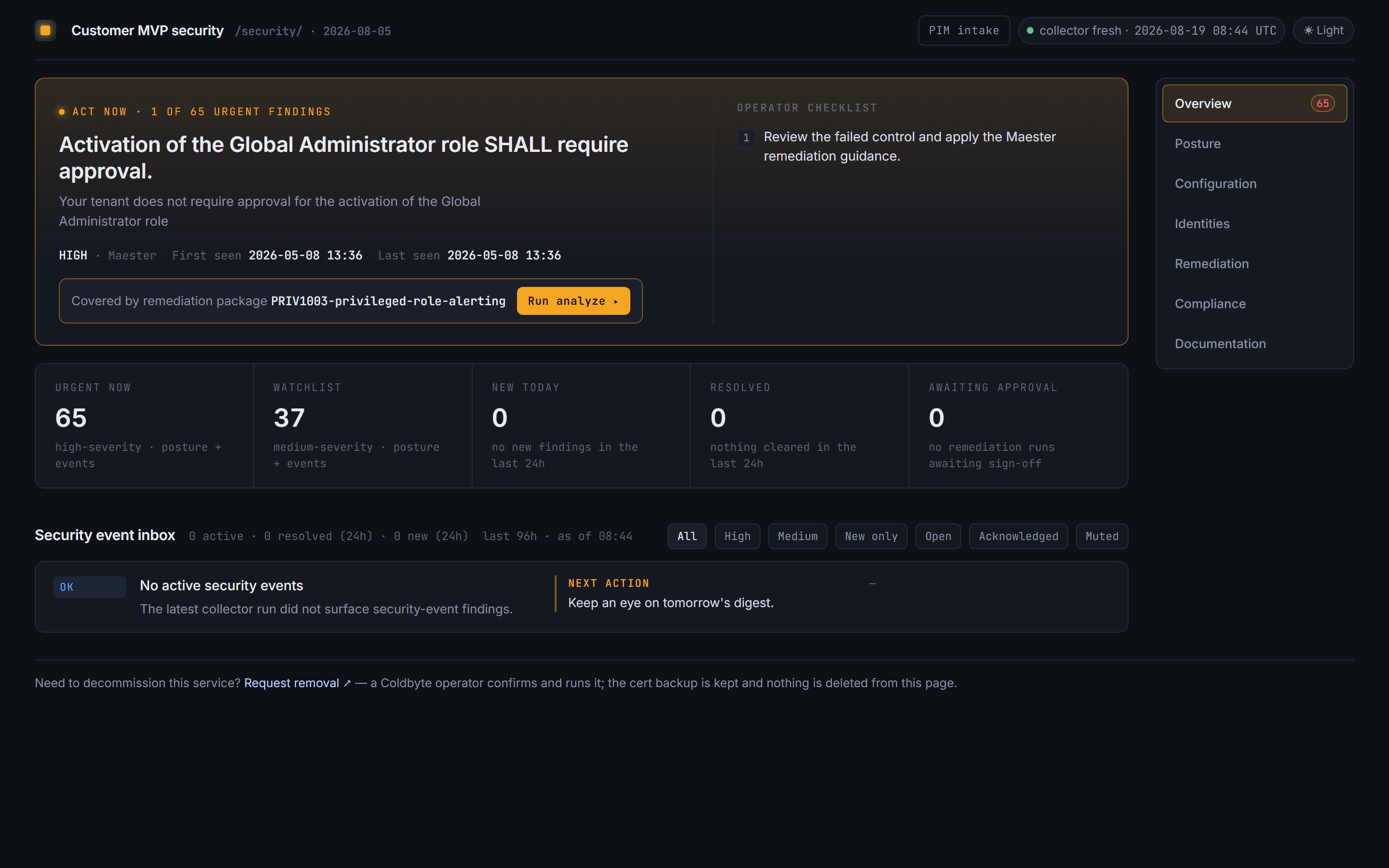 Coldbyte security dashboard overview: the most urgent finding with its remediation package, severity tiles, and the security event inbox