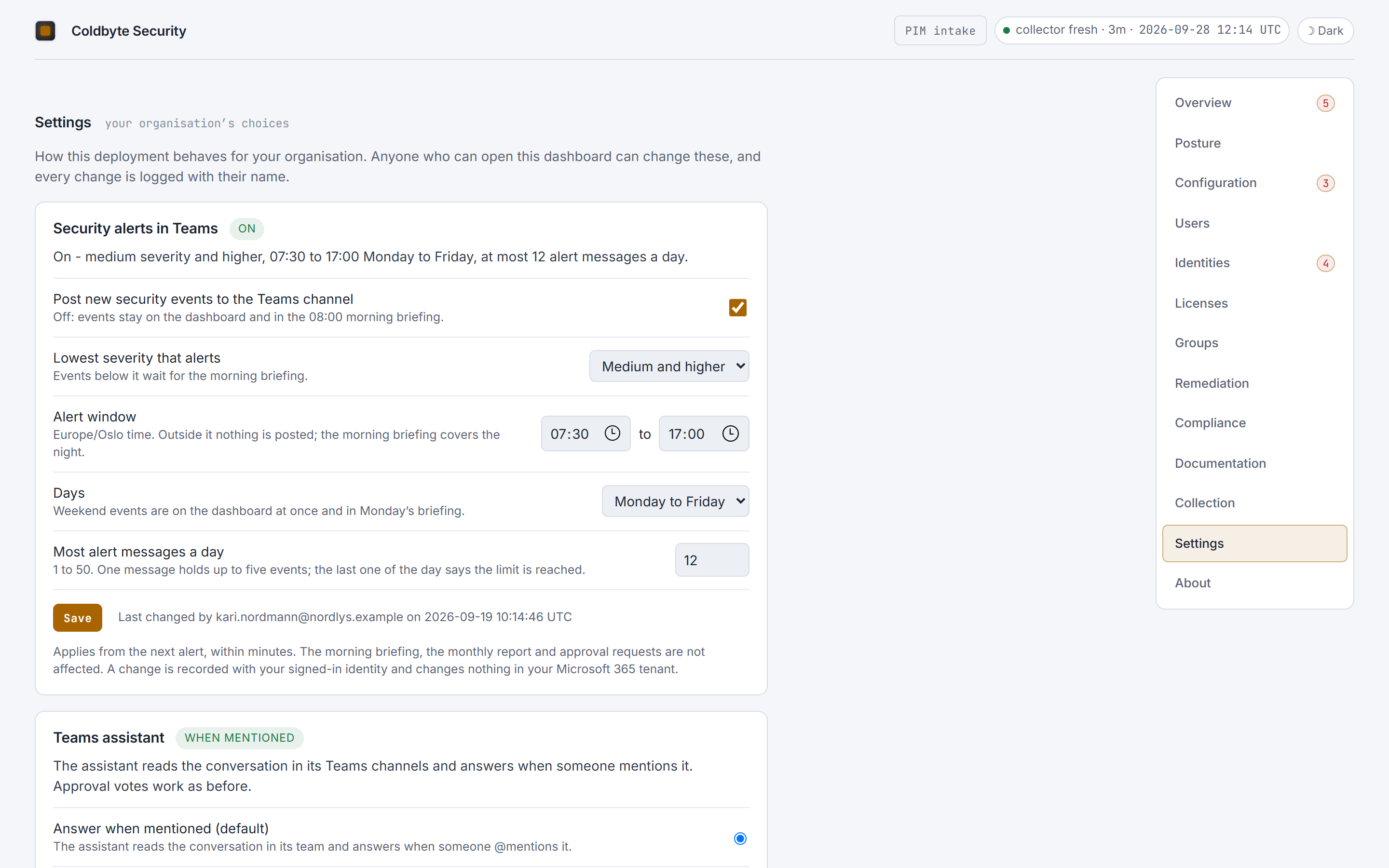 Settings view: Teams security alerts on for medium severity and higher, 07:30 to 17:00 Monday to Friday, at most 12 messages a day, and the Teams assistant answering when mentioned